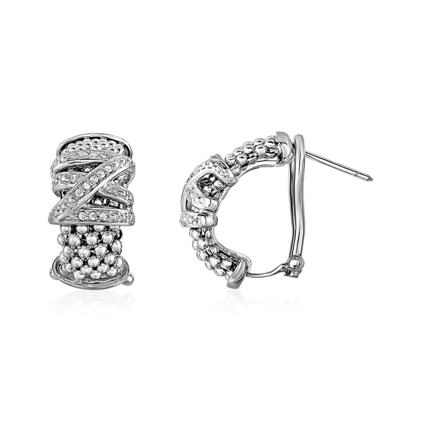 Popcorn Texture Earrings with Crossover Motif & Diamonds in Sterling Silver