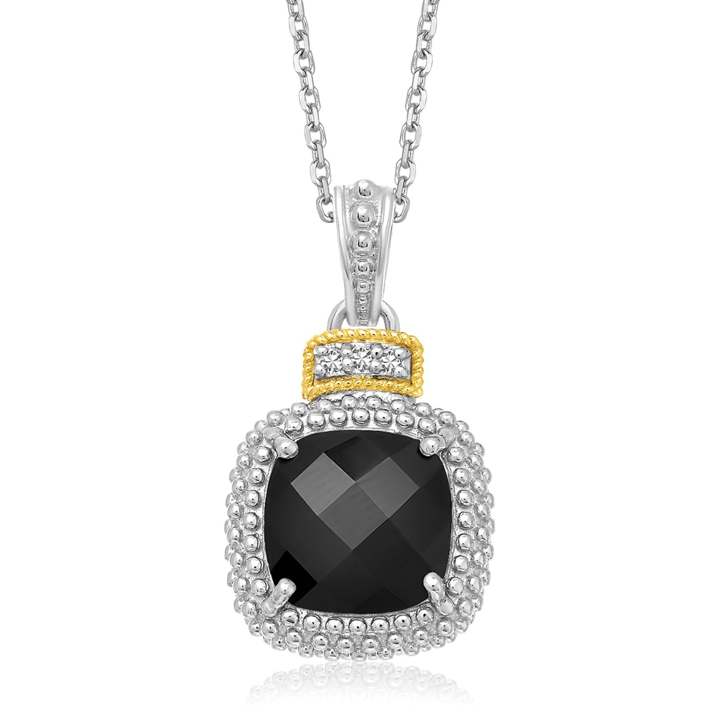 18k Yellow Gold & Sterling Silver Popcorn Cushion Black Onyx & Diamond Pendant