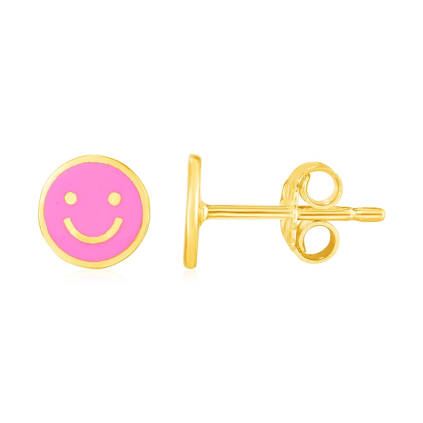 14k Yellow Gold & Enamel Pink Smiley Face Stud Earrings(6.8mm)