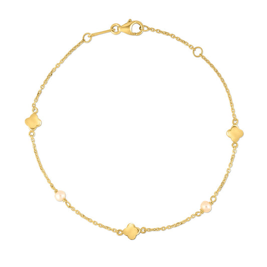 14k Yellow Gold Pearl Clover Necklace