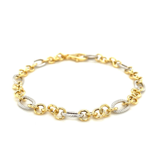14k Two-Tone Gold Rope Motif Oval & Round Link Chain Bracelet