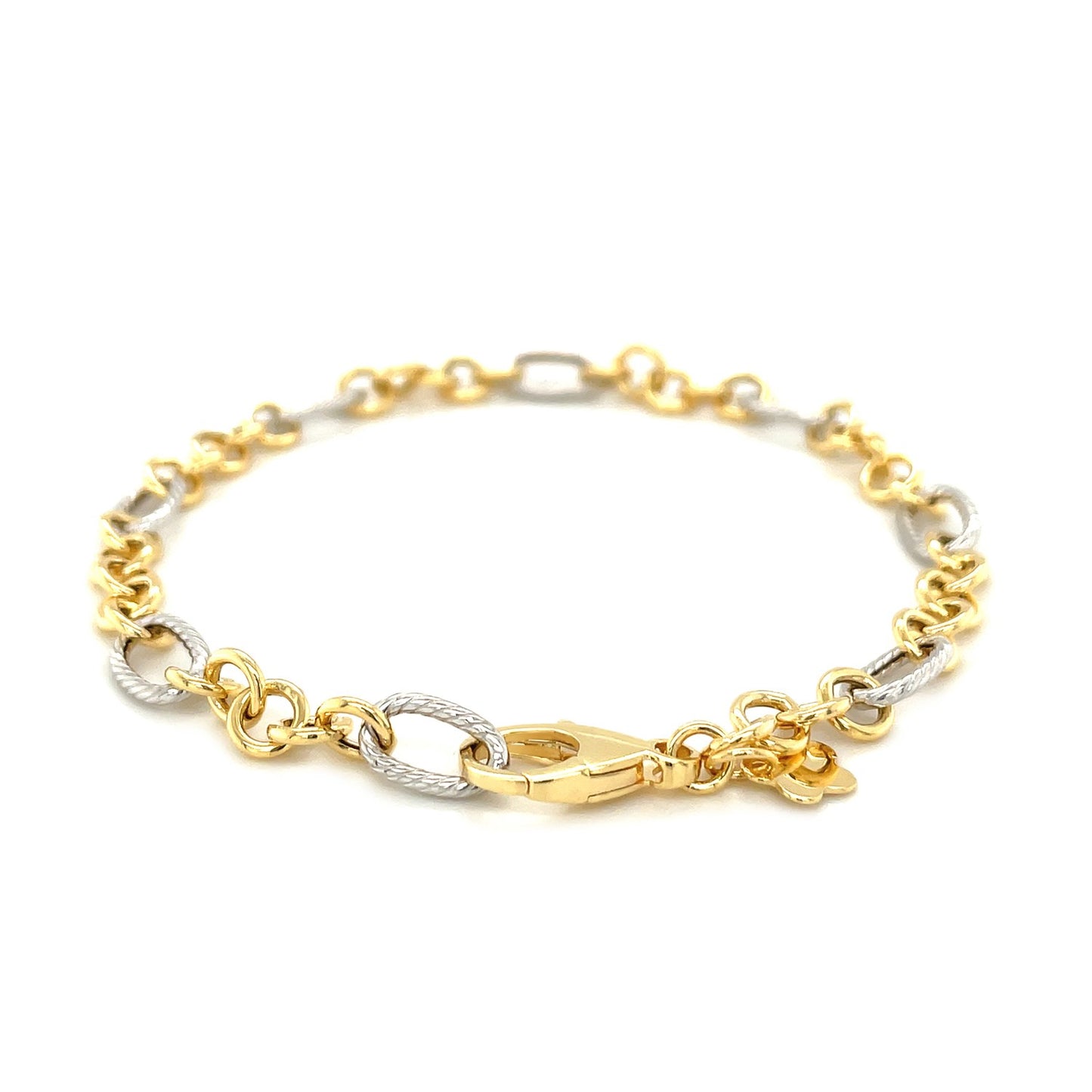 14k Two-Tone Gold Rope Motif Oval & Round Link Chain Bracelet