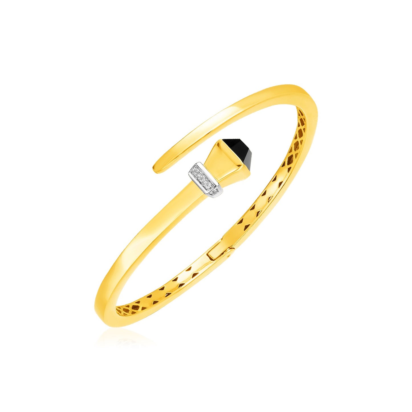 14k Yellow Gold Crossover Style Hinged Bangle Bracelet with Onyx & Diamonds (3.40 mm)