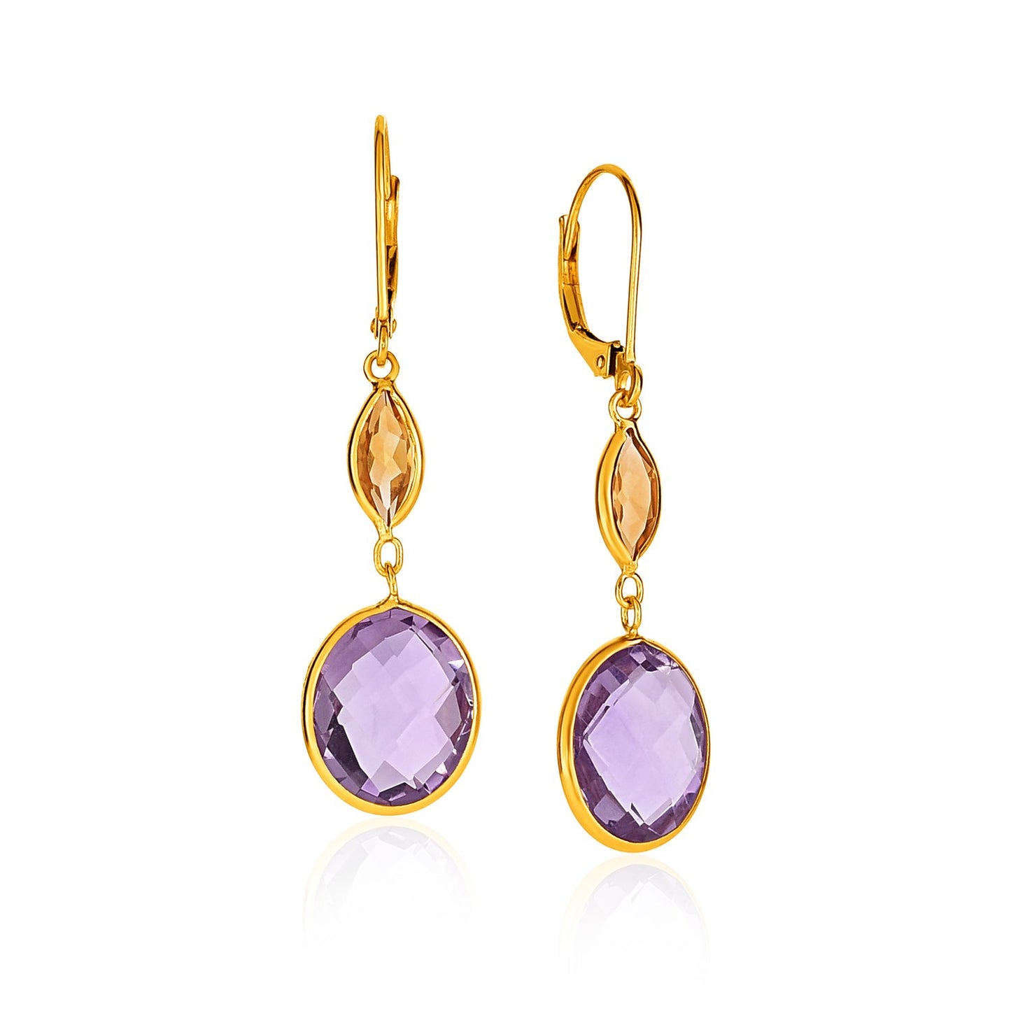 14k Yellow Gold Drop Earrings with Citrine & Amethyst Briolettes
