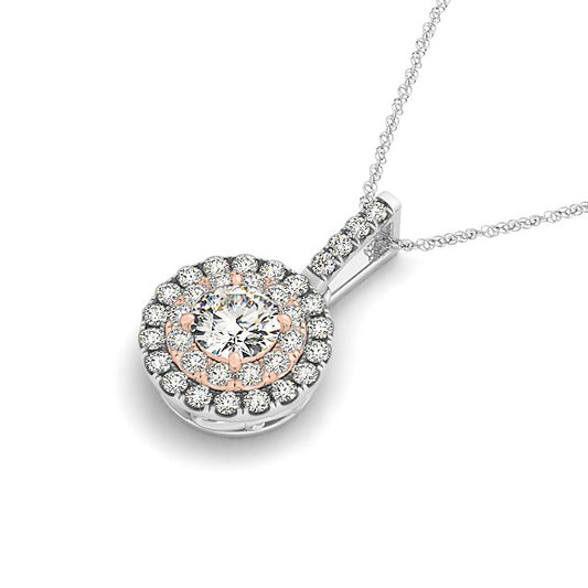 Round Shape Halo Diamond Pendant in 14k White & Rose Gold (1/2 cttw)