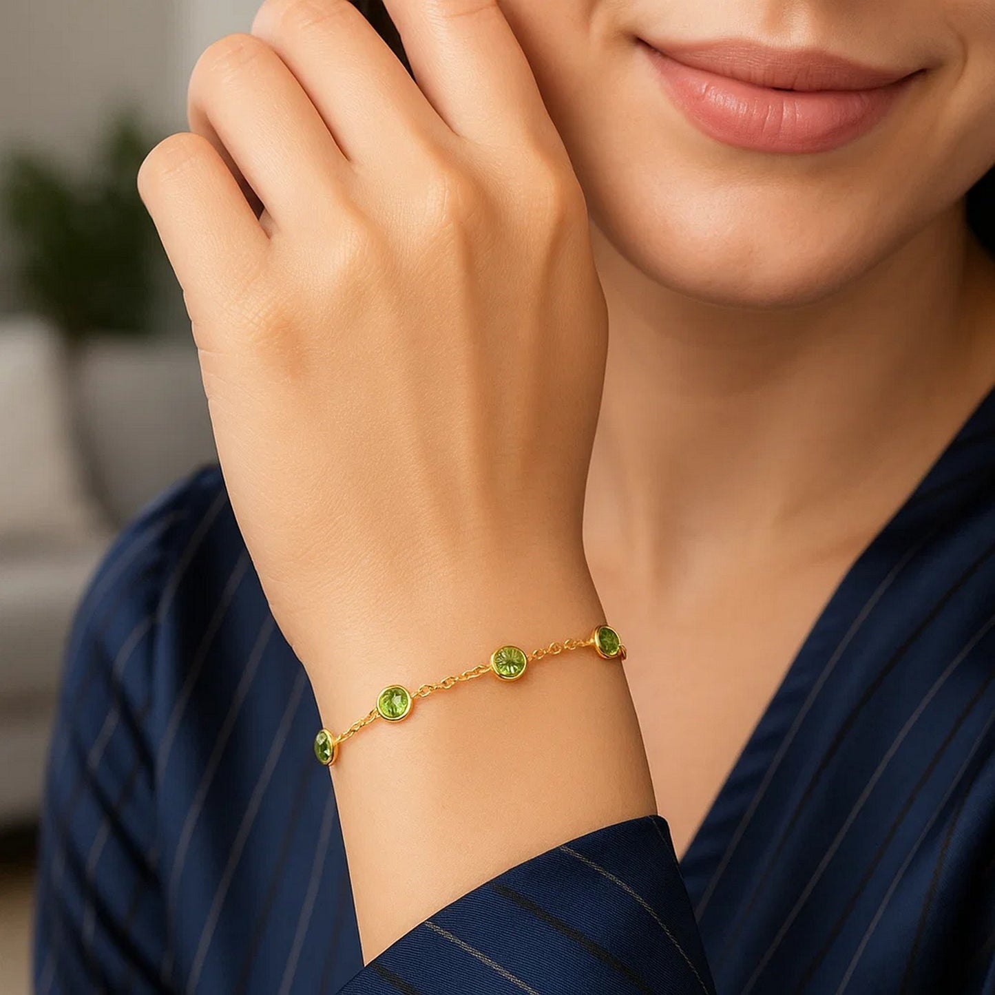 14K Yellow Gold Peridot Station Bracelet