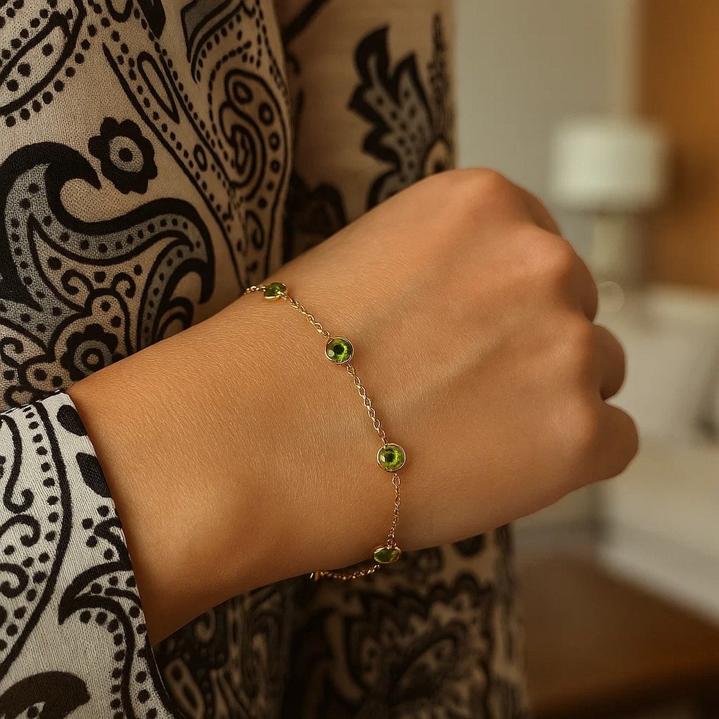 14K Yellow Gold Peridot Station Bracelet