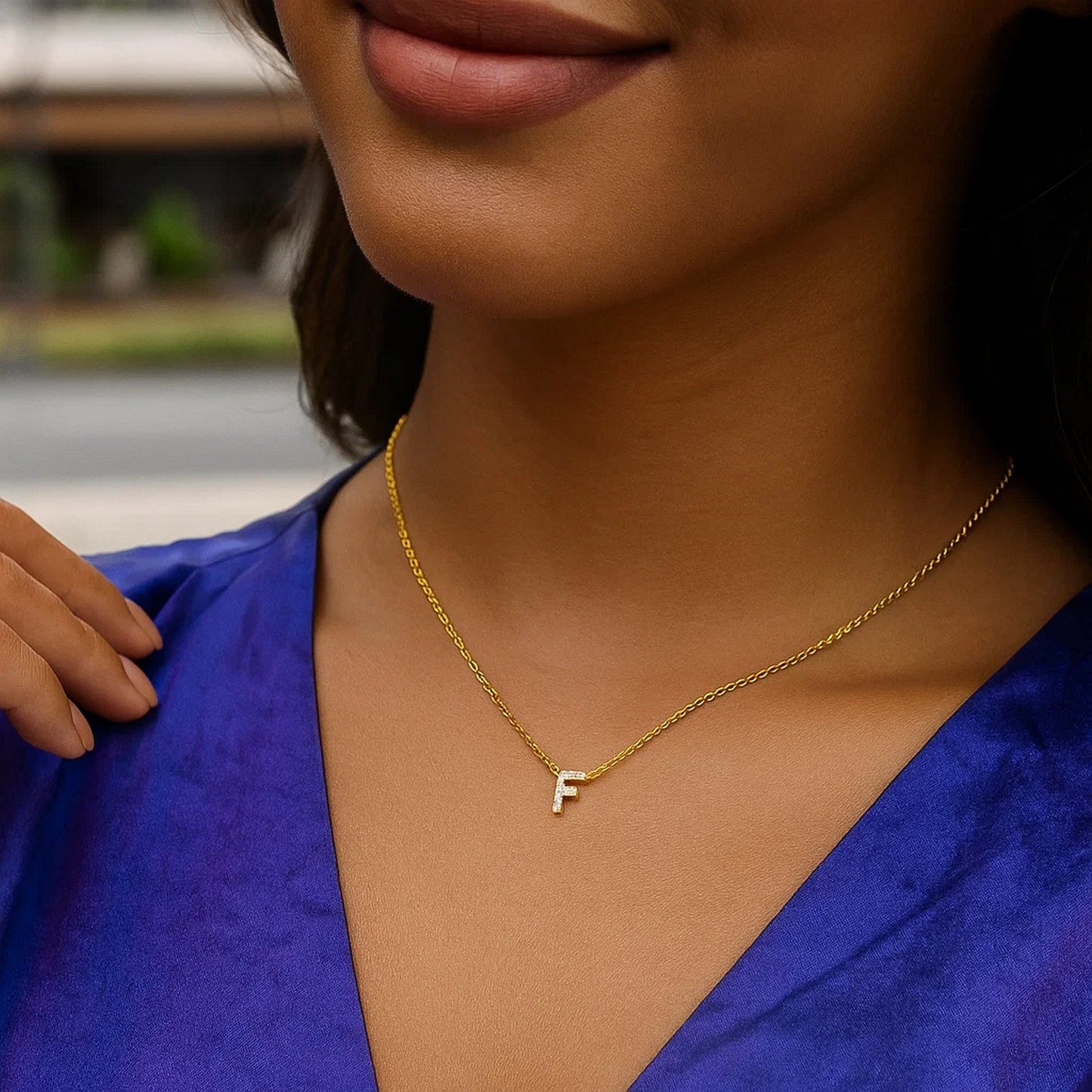 14K Yellow Gold Mini Diamond F Initial Pendant Necklace