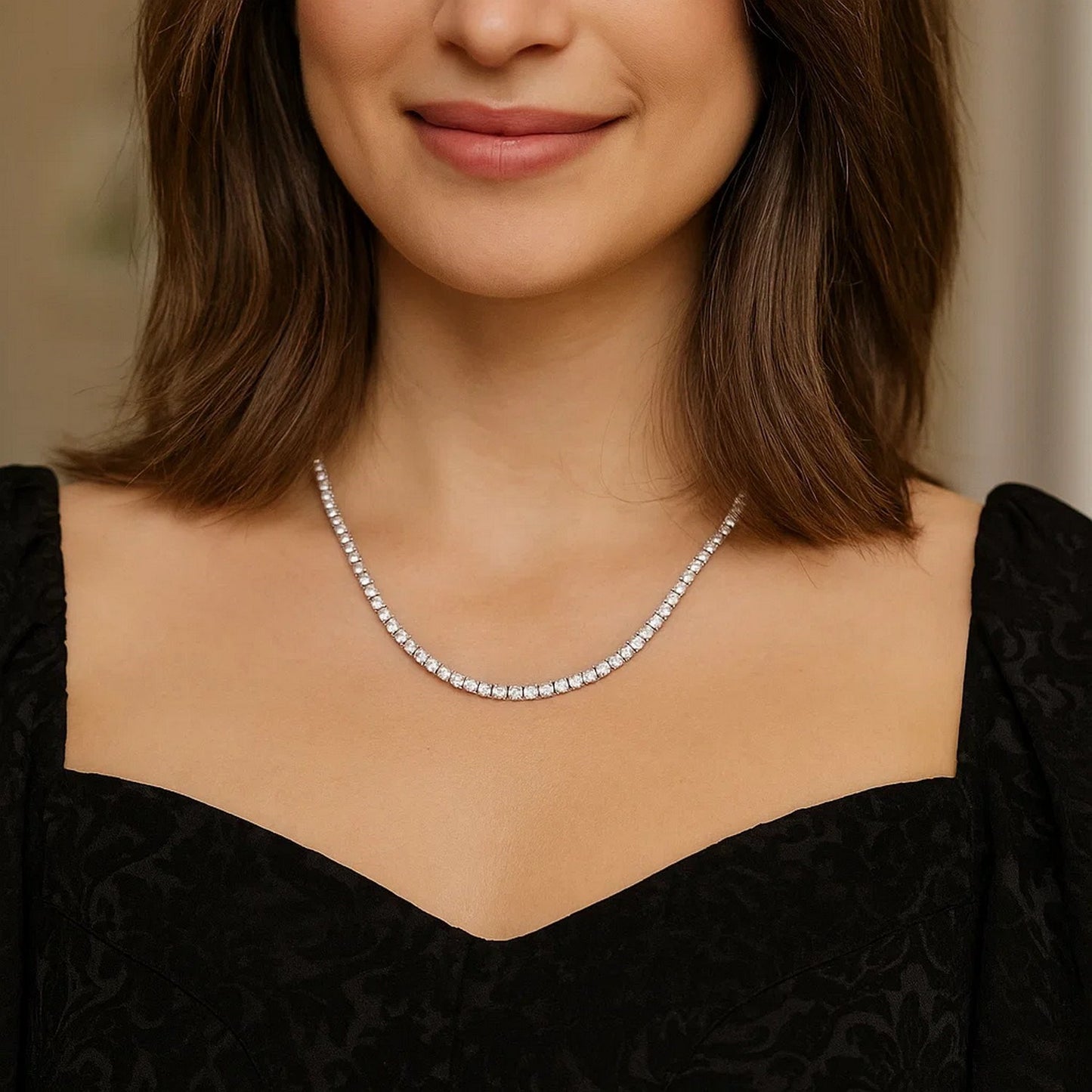 Sterling Silver Rhodium Plated CZ Tennis Necklace