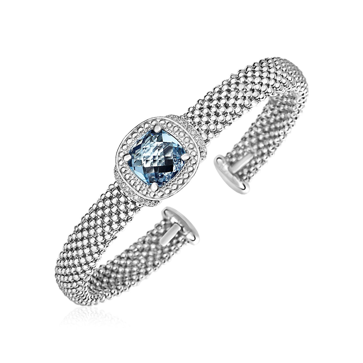 Popcorn Texture Cuff Bangle with Blue Topaz & Diamonds in Sterling Silver (8.00 mm)