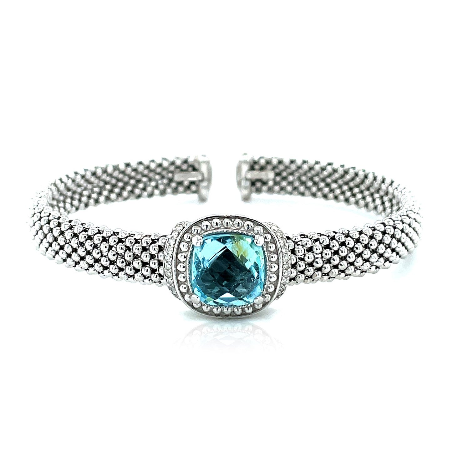 Popcorn Texture Cuff Bangle with Blue Topaz & Diamonds in Sterling Silver (8.00 mm)