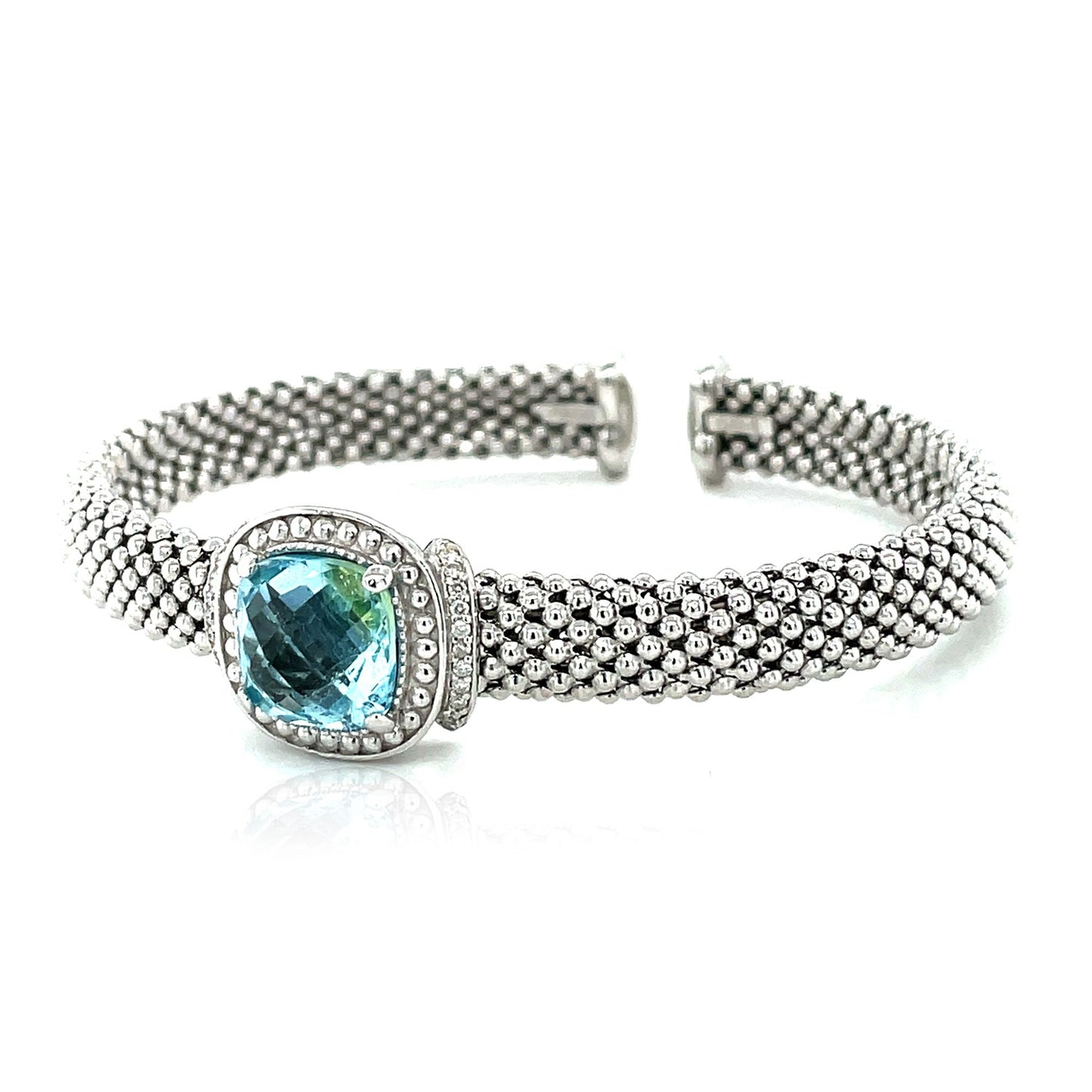 Popcorn Texture Cuff Bangle with Blue Topaz & Diamonds in Sterling Silver (8.00 mm)
