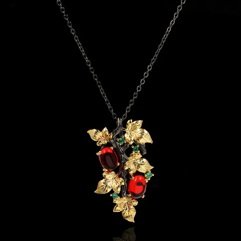 Winding Ruby, Blue Sapphire & Emerald Zircon Black & Gold Style Leaf Necklaces