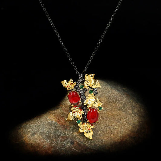 Winding Ruby, Blue Sapphire & Emerald Zircon Black & Gold Style Leaf Necklaces