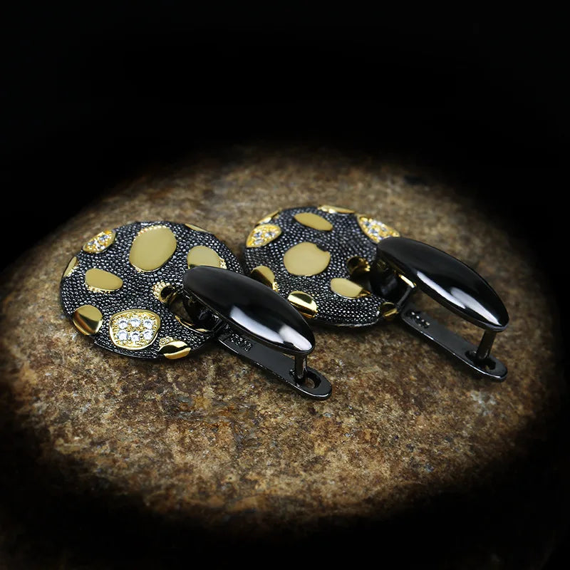 Zircon Black & Gold Style Disc Gold Earrings