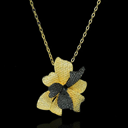 Retro Black & Gold Style Flower Petal Pendant Necklace