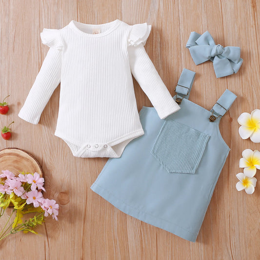 Girl's Onesie, Bib Overall Dress & Bow Headband Sets