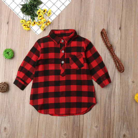 Girl's Red Plaid Belted Shirt Dress