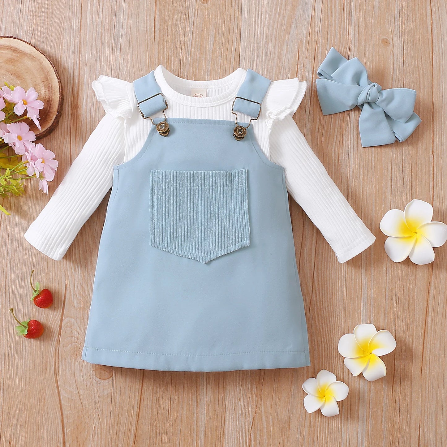 Girl's Onesie, Bib Overall Dress & Bow Headband Sets