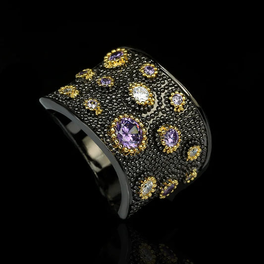 Gothic Black & Gold Style Amethyst Zircon Rings