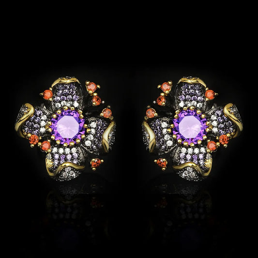 Vintage Amethyst & Ruby Zircon Black & Gold Style Flower Earrings