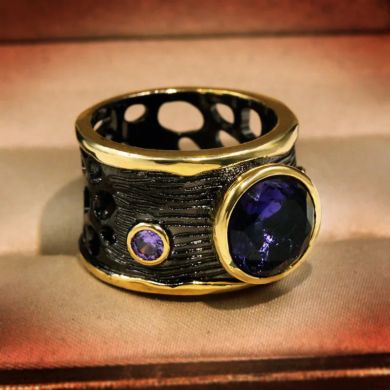 Amethyst Black & Gold Style Cocktail Ring