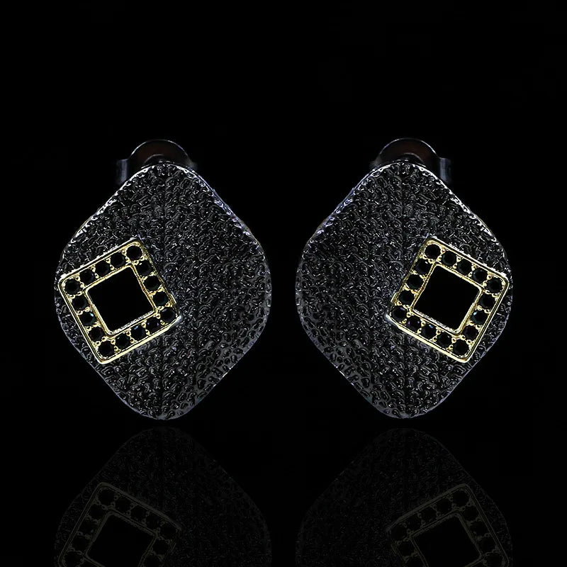 Geometric Square Earrings Black Zircon Earrings Black & Gold Style