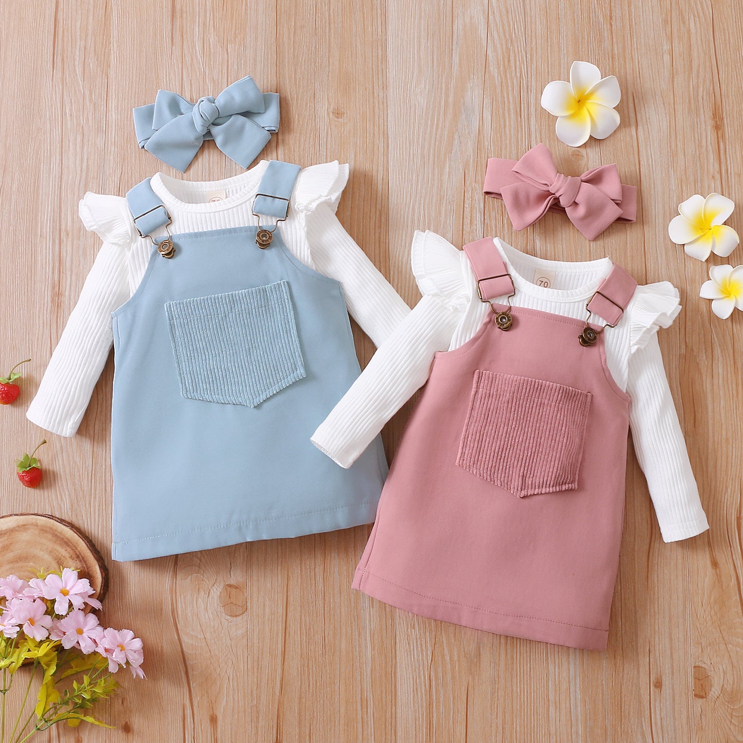 Girl's Onesie, Bib Overall Dress & Bow Headband Sets