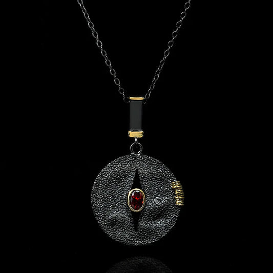 Vintage Black & Gold Style Ruby Zircon Disc Necklace