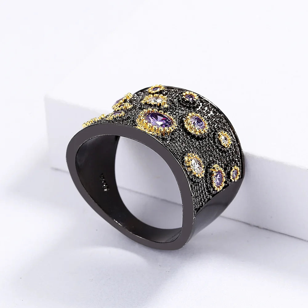 Gothic Black & Gold Style Amethyst Zircon Rings