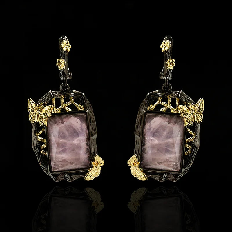 Square Natural Crystal Butterfly Flying Earrings Sweet Drop Earrings