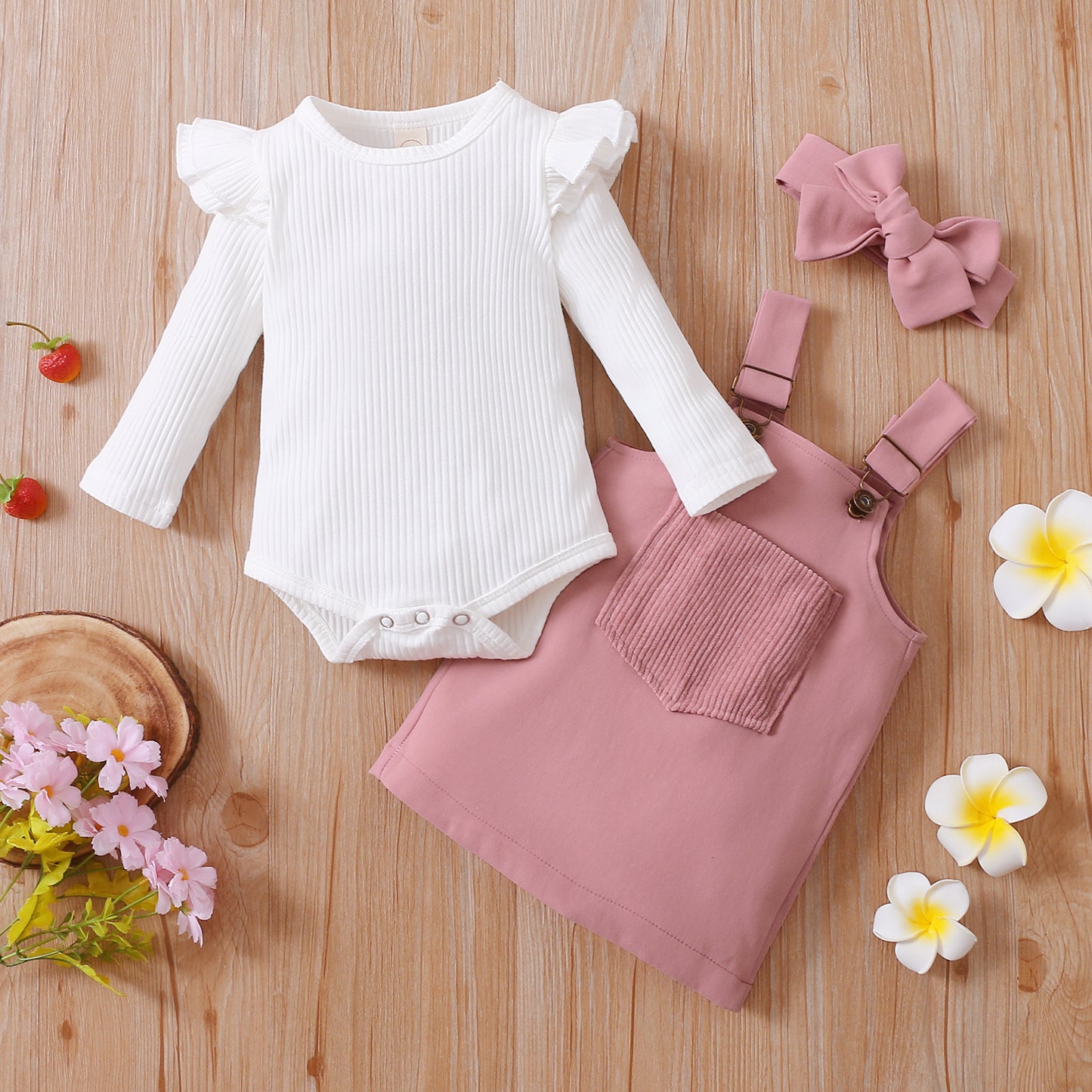 Girl's Onesie, Bib Overall Dress & Bow Headband Sets