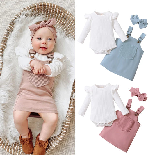 Girl's Onesie, Bib Overall Dress & Bow Headband Sets