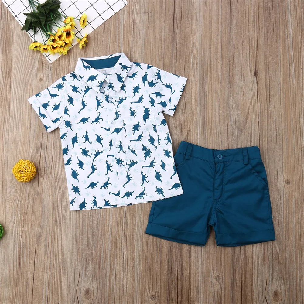 Boy's 2-Piece Button-Up Dinosaur T-Shirt & Shorts Sets