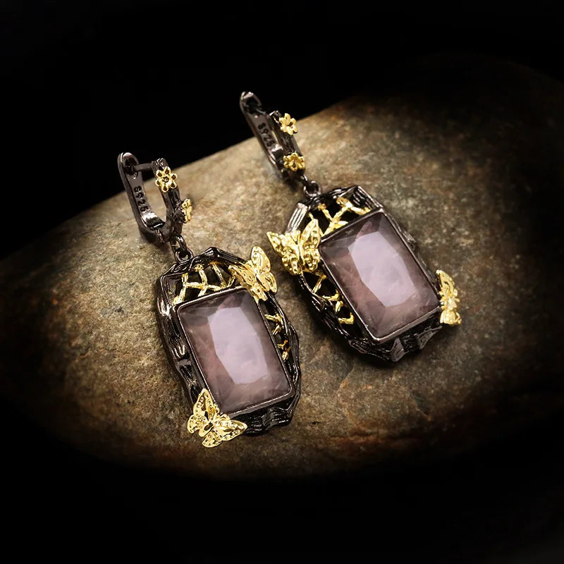 Square Natural Crystal Butterfly Flying Earrings Sweet Drop Earrings