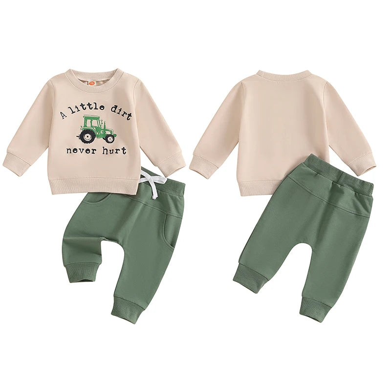 Boy's 2-Piece "A Little Dirt Never Hurt" Tractor Sweatshirt & Pants Sets