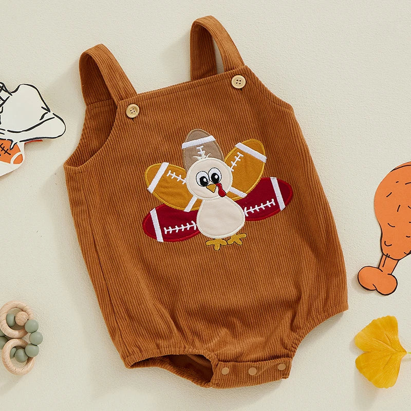 Thanksgiving ! Boy's & Girl's Embroidered Football & Turkeys Bib Overall Onesies