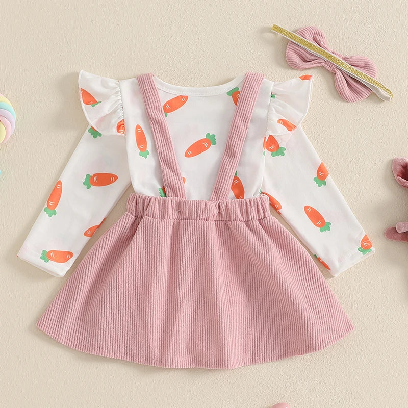 Girl's Easter Skirt Carrot Bunny Romper Carrot Embroidered Suspender Skirt & Headband Set