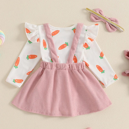 Girl's Easter Skirt Carrot Bunny Romper Carrot Embroidered Suspender Skirt & Headband Set