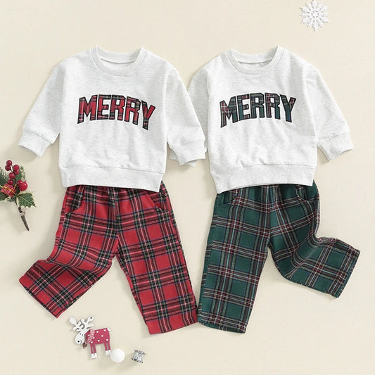 Boy's & Girl's "Merry" Christmas 2-Piece Sweatshirt & Plaid Pants Sets