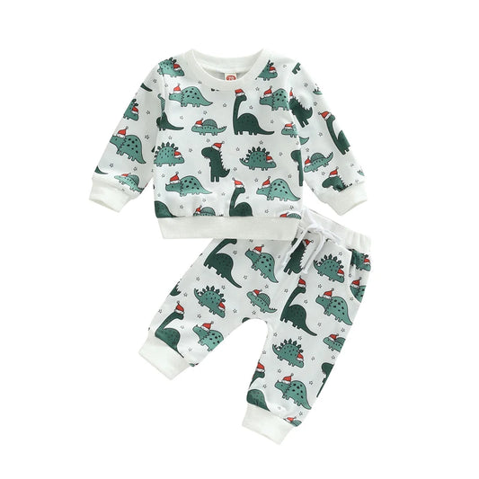 Boy's 2-Piece Christmas Dinosaur Santa Sweatshirt & Pants Sets