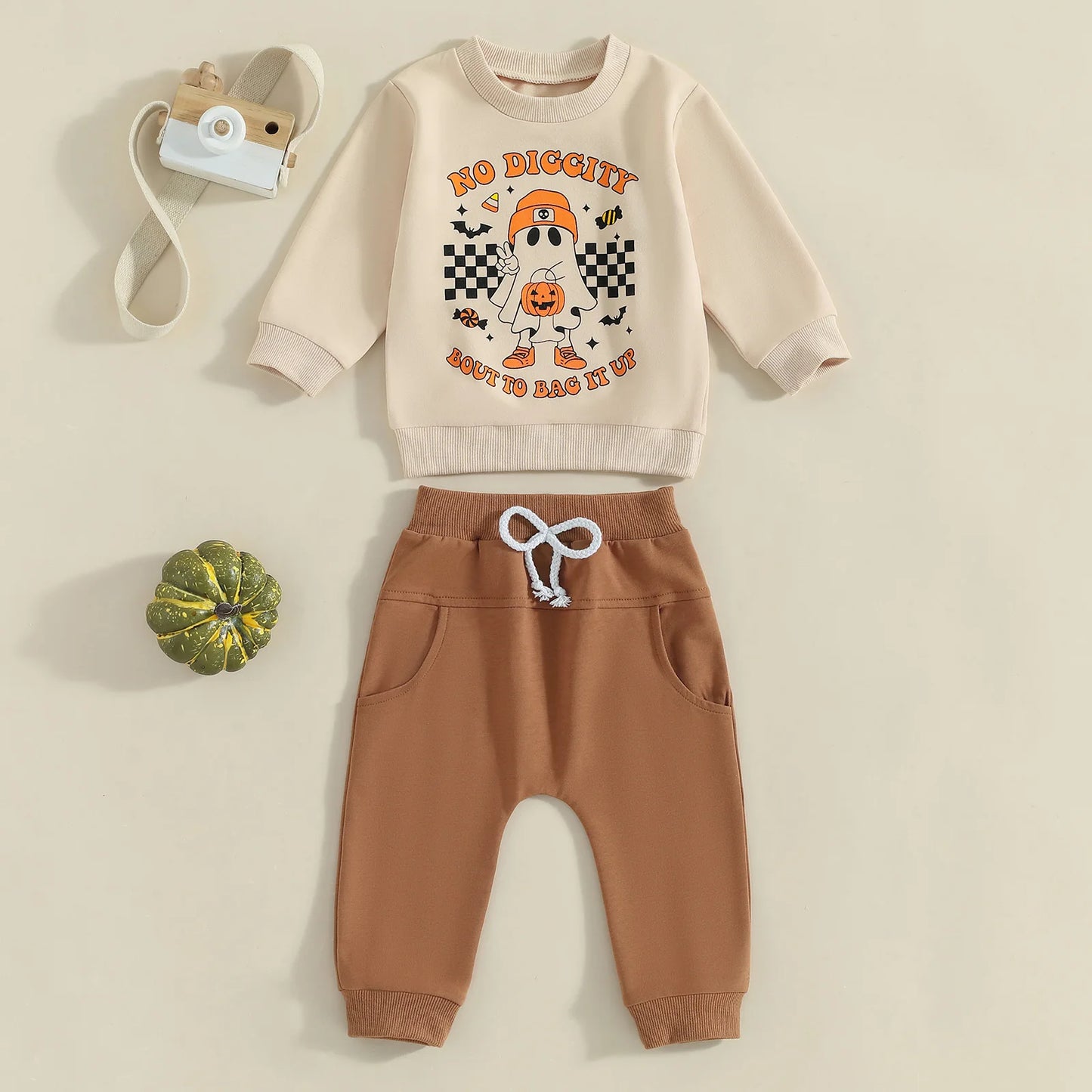 Girl's & Boy's 2-Piece Halloween Ghost Embroidered "No Diggity" Sweatshirt & Sweatpants Sets