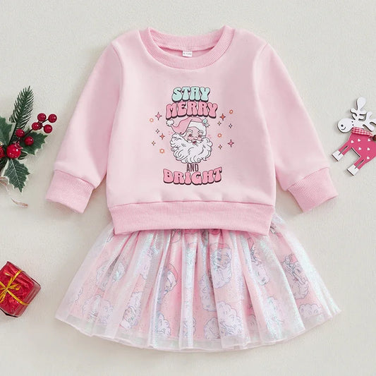 Girl's 2-Piece Christmas Santa "Stay Merry & Bright" Sweatshirt & Skirt Sets