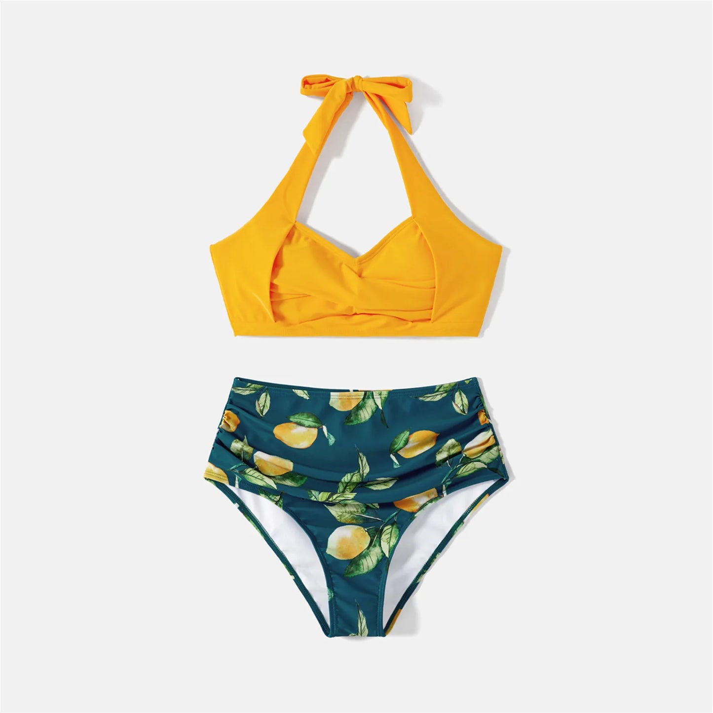 Family Matching! Lemon Print & Solid Halter Neck Two-piece Swimsuit or Swim Trunks Shorts