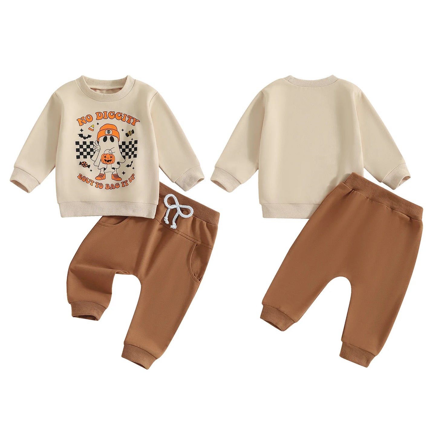 Girl's & Boy's 2-Piece Halloween Ghost Embroidered "No Diggity" Sweatshirt & Sweatpants Sets