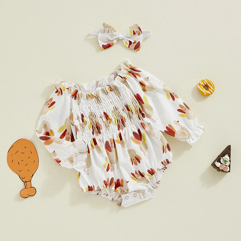 Thanksgiving ! Girl's Turkey Romper & Bow Headband Sets
