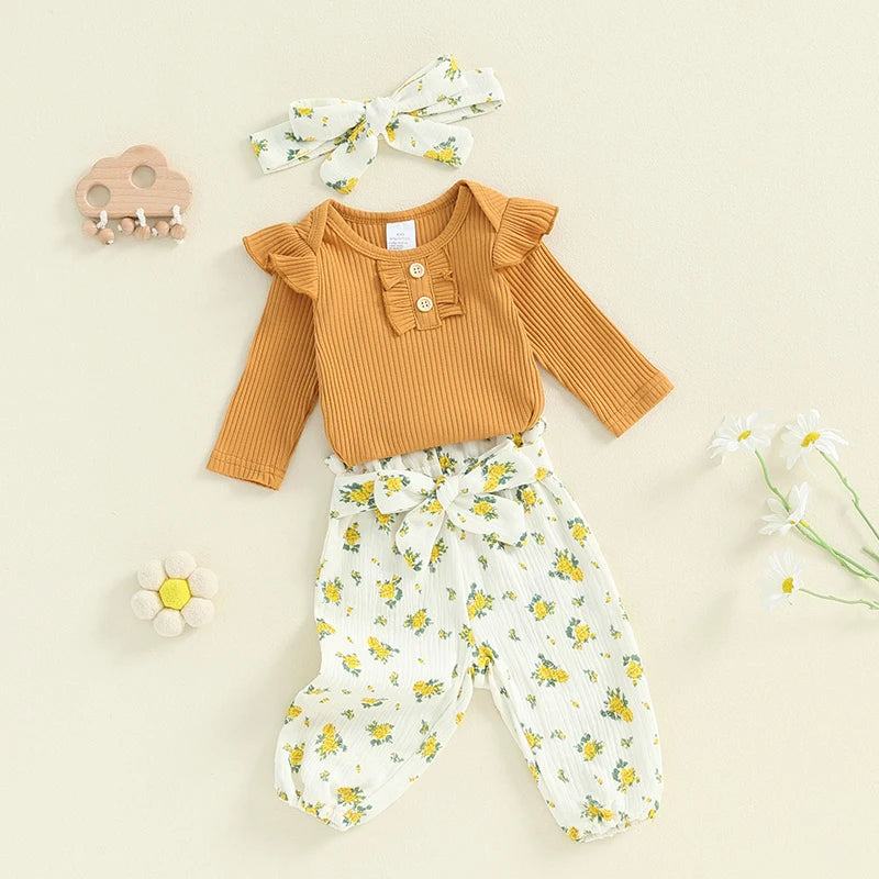 Girl's Floral or Strawberry Print Onesies, Pants & Bow Headband Sets