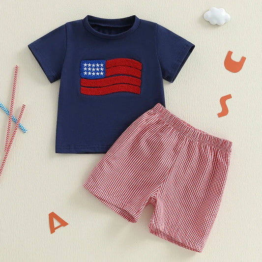 Boy's 2-Piece 4th of July Embroidered Flag T-Shirts & Plaid Shorts Sets