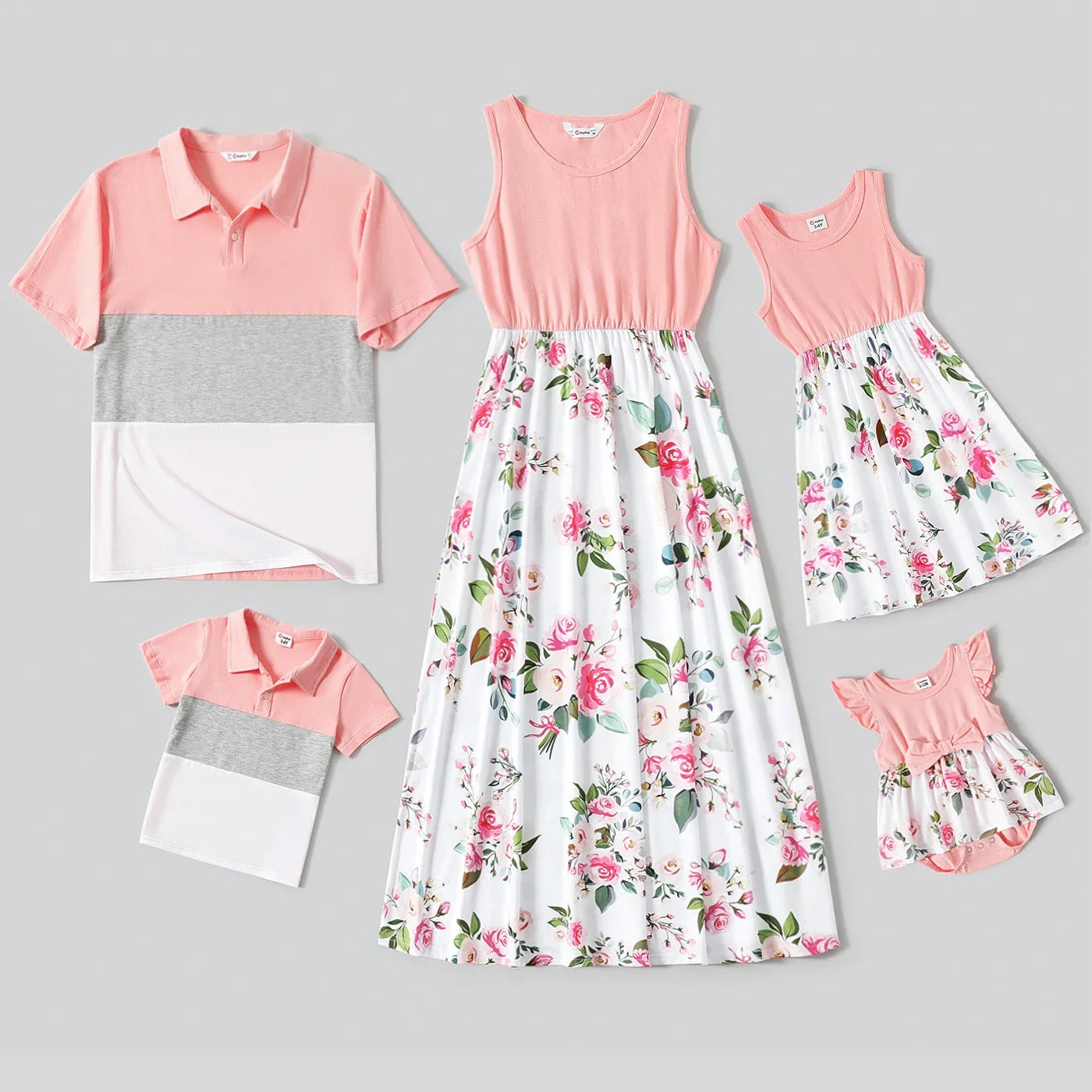 Family Matching! Pink Sleeveless Floral Midi Dresses, Rompers & Color Block Polo Shirts