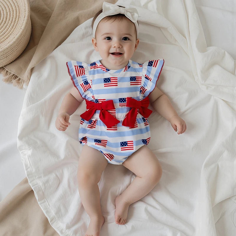 Girl's American Flag 4th of July Doll Collar Bowed Rompers